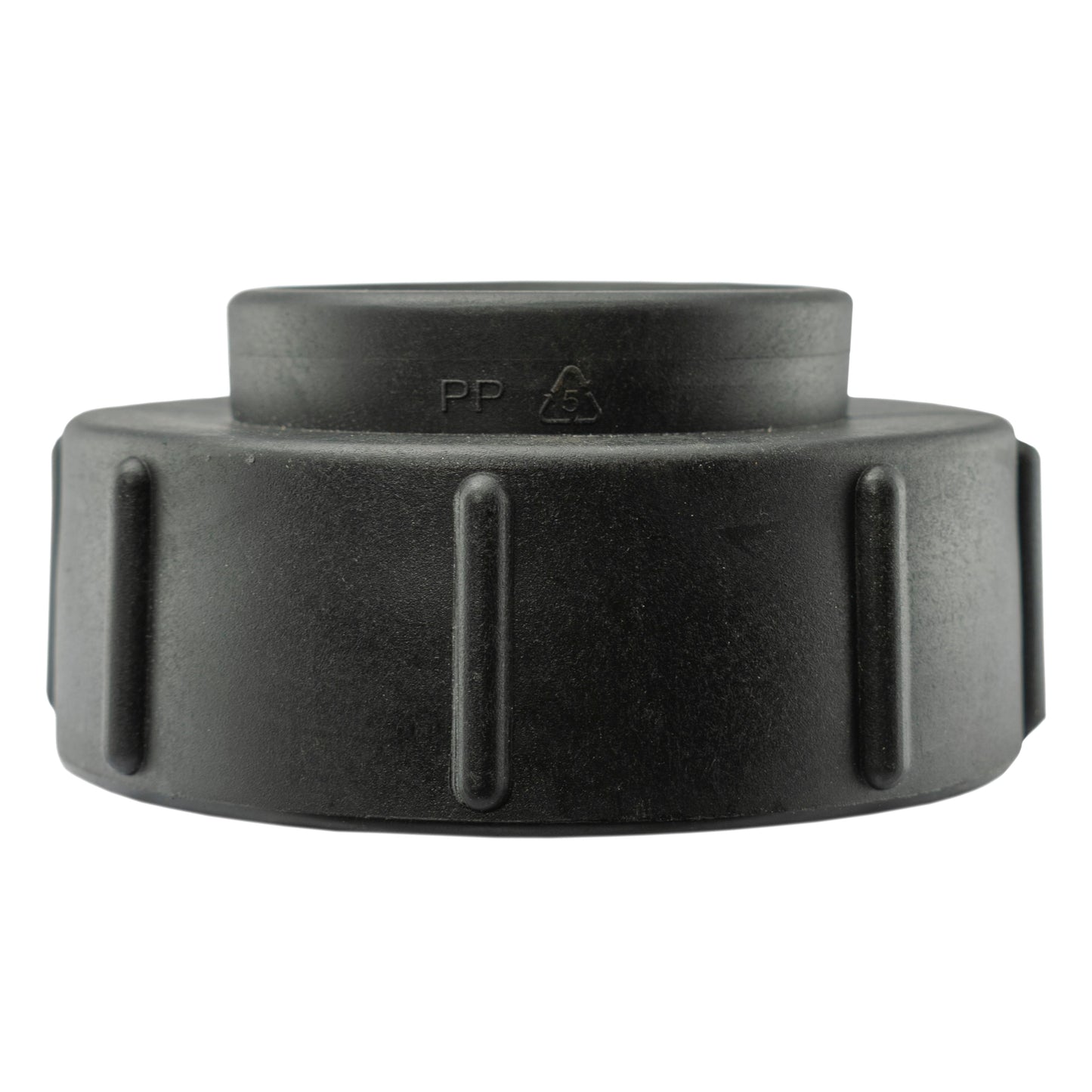 Black plastic IBC adapter ring with grip slots and PP molded marking
