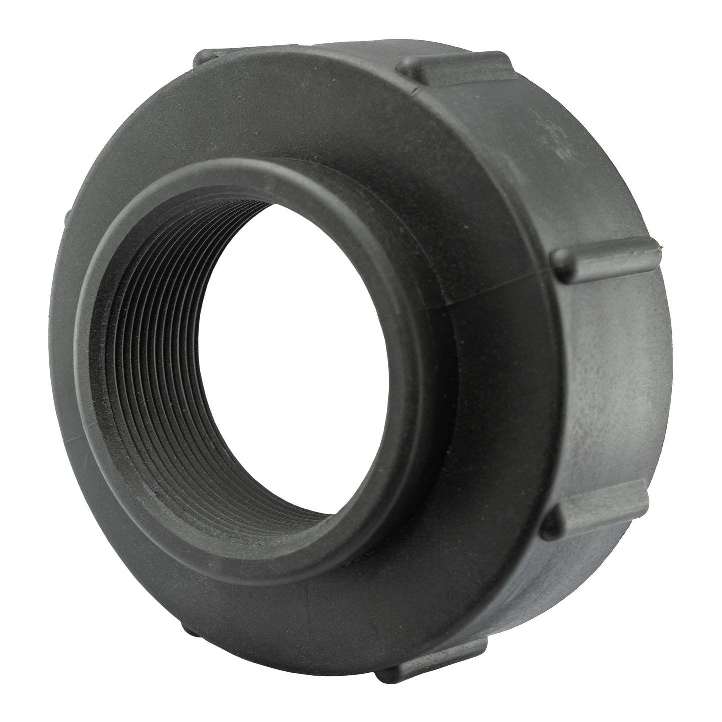 IBC S100X8 to 2" BSPF adapter: 2" BSPF female fine-thread, black plastic
