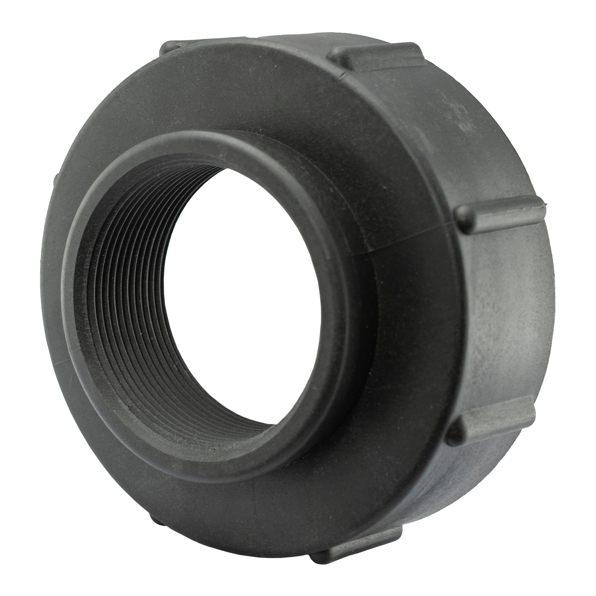 IBC S100X8 to 2" BSPF adapter: 2" BSPF female fine-thread, black plastic