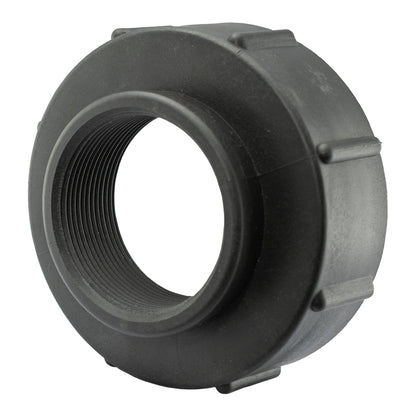 IBC S100X8 to 2" BSPF adapter: 2" BSPF female fine-thread, black plastic
