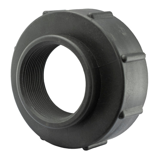 IBC S100X8 to 2" BSPF adapter: 2" BSPF female fine-thread, black plastic