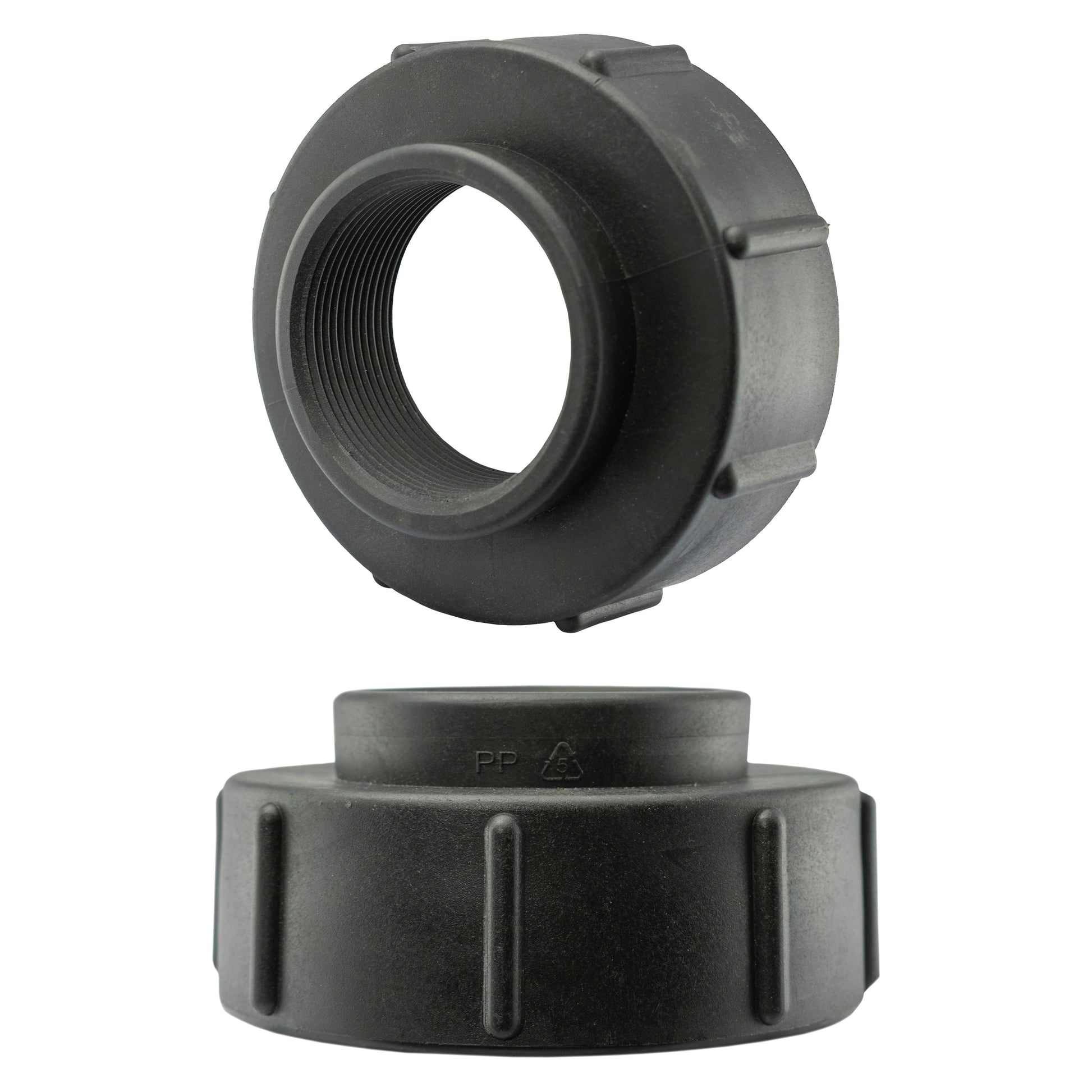 IBC adapter showing both ends: S100X8 coarse thread and 2" BSPF female