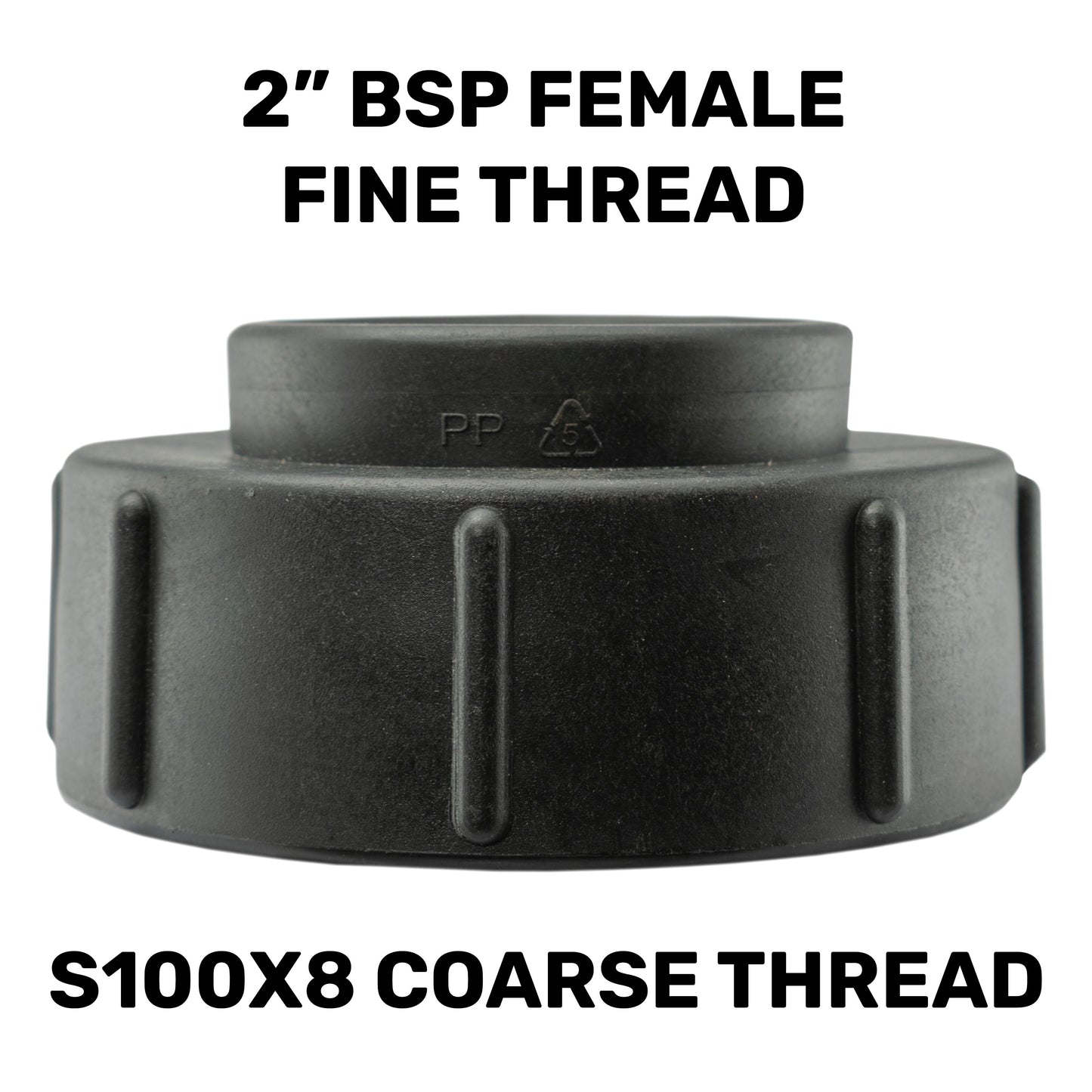 Black adapter labeled 2" BSPF female fine thread and S100X8 coarse thread