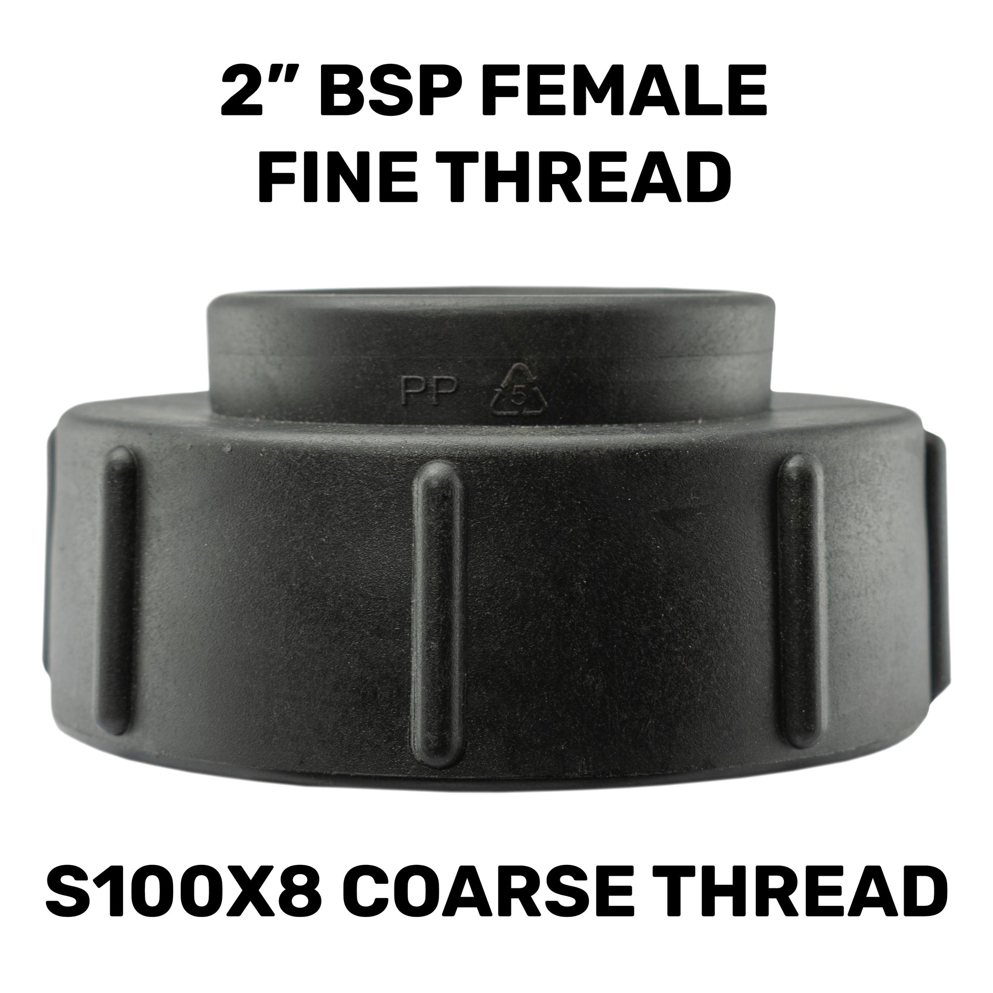 Black adapter labeled 2" BSPF female fine thread and S100X8 coarse thread
