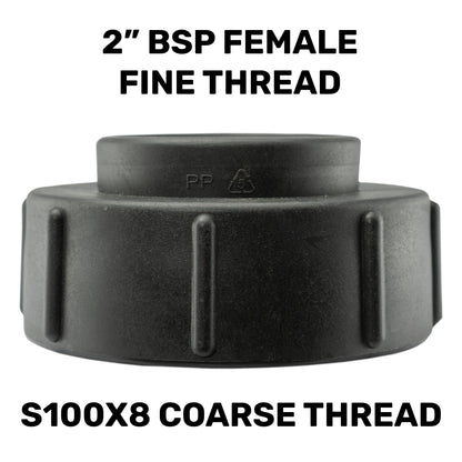 Black adapter labeled 2" BSPF female fine thread and S100X8 coarse thread