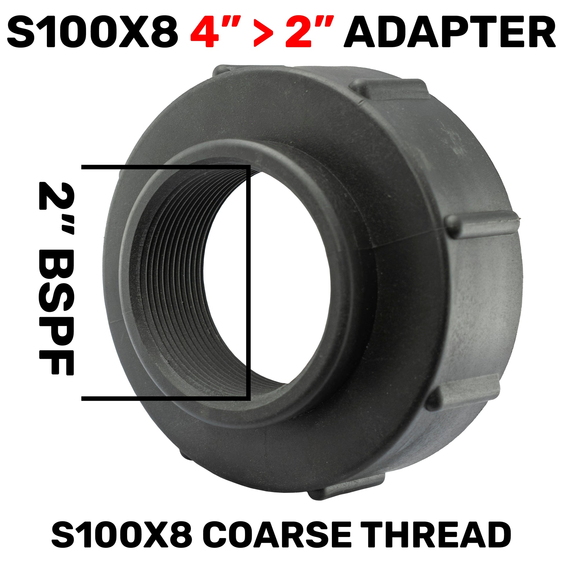 IBC S100X8 to 2" BSPF adapter with external measurement markings, black plastic