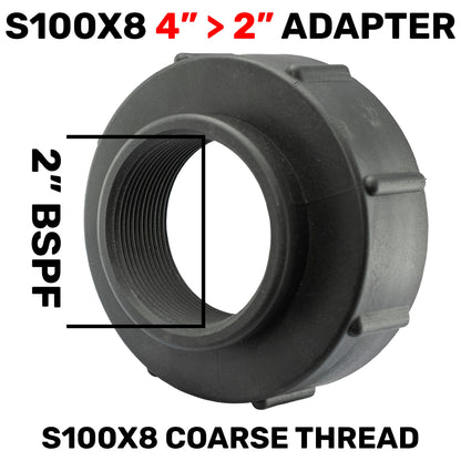 IBC S100X8 to 2" BSPF adapter with external measurement markings, black plastic