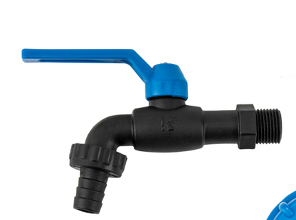 Garden tap valve with blue lever, black body, and 1/2" male thread outlet