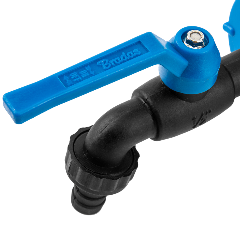 Garden tap with blue handle, black elbow, 1/2" barb fitting, BSPM