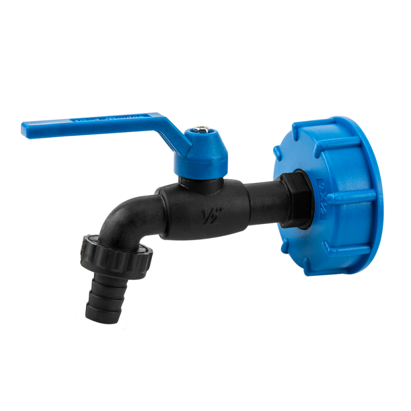 RAVEN S60x6 1/2" barb tap fitting with blue flange head and black elbow
