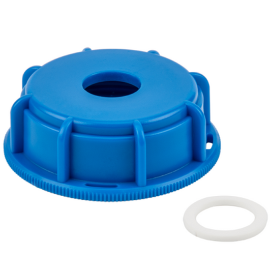 Blue IBC cap with central hole and matching washer gasket