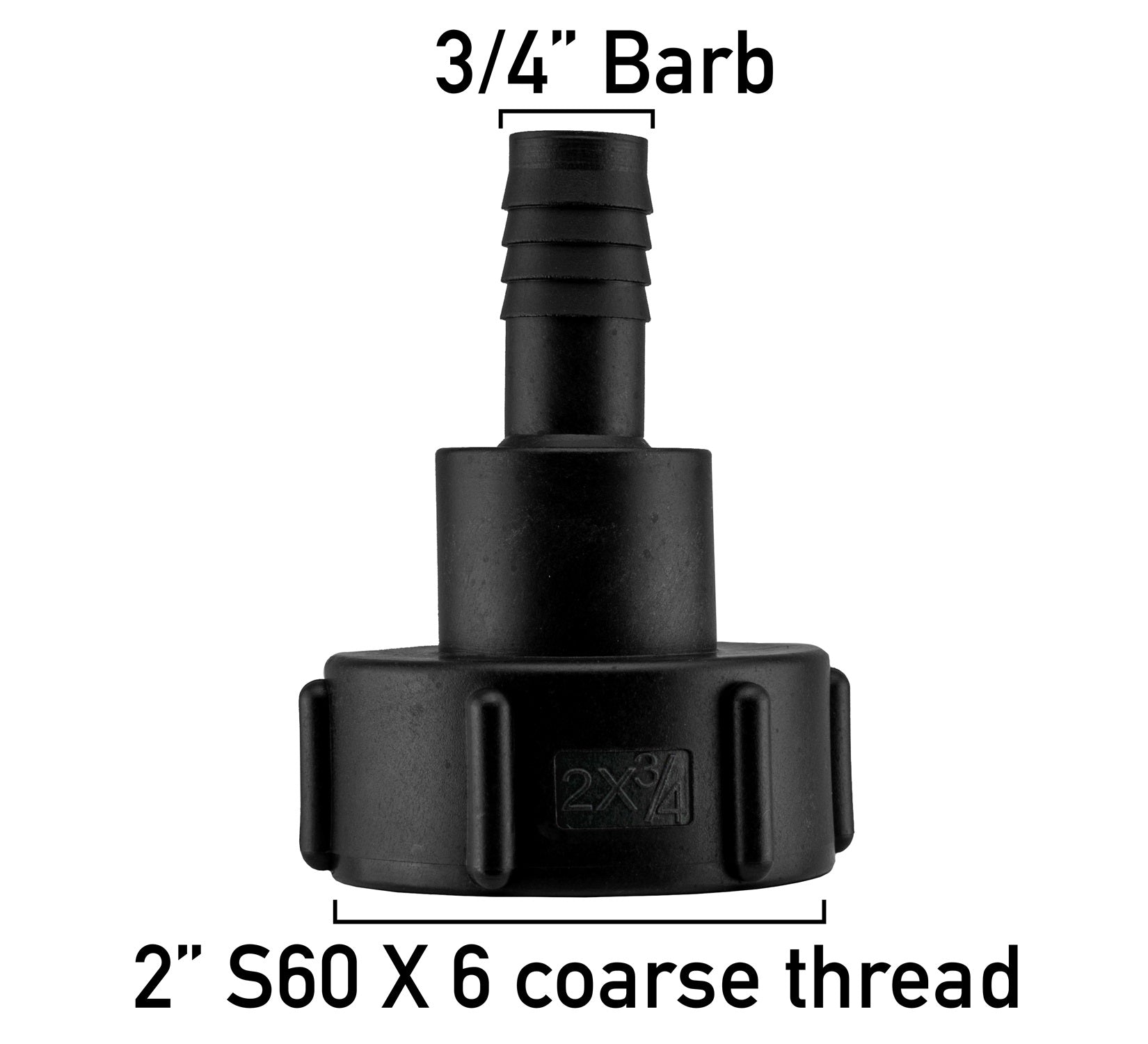 Schlauch-Adapter: 3/4”-Barb mit schwarzem Anschluss, 2” S60 Gewinde