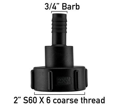 Schlauch-Adapter: 3/4”-Barb mit schwarzem Anschluss, 2” S60 Gewinde