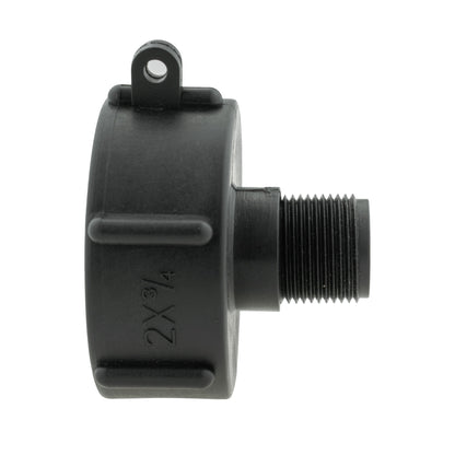 IBC cap with external thread and mounting eye, black plastic, side profile