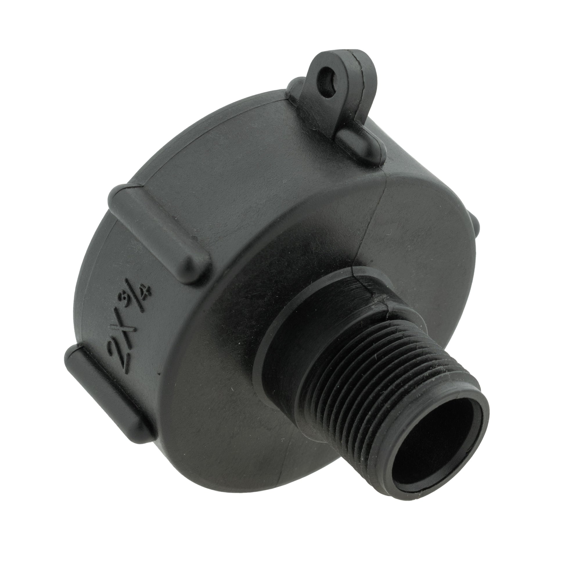 IBC threaded cap end view with external threads and side release tab
