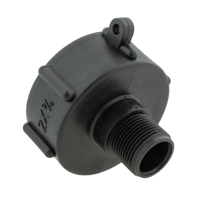 IBC cap with BSPF valve end and threaded connection, black plastic, 2 inch marking visible
