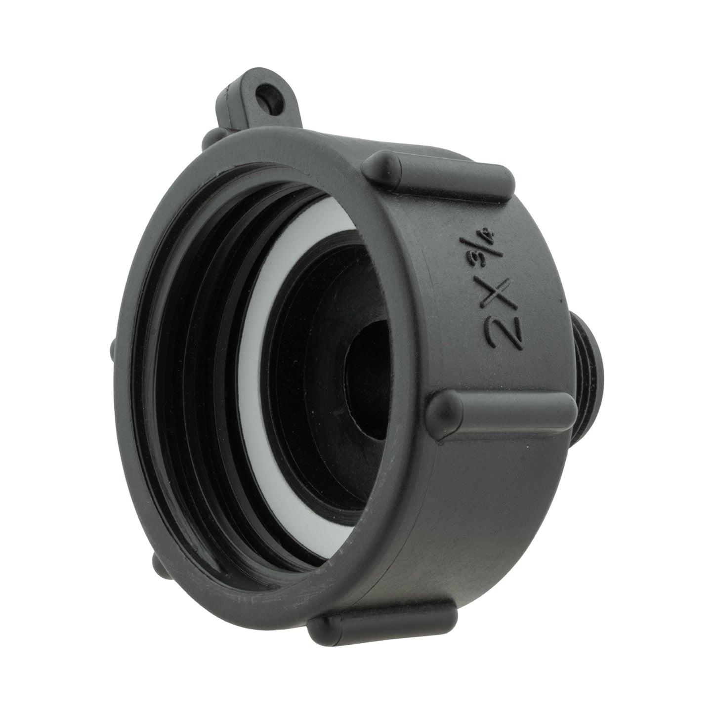 Close-up of IBC cap face with threaded opening and mounting tabs, black plastic