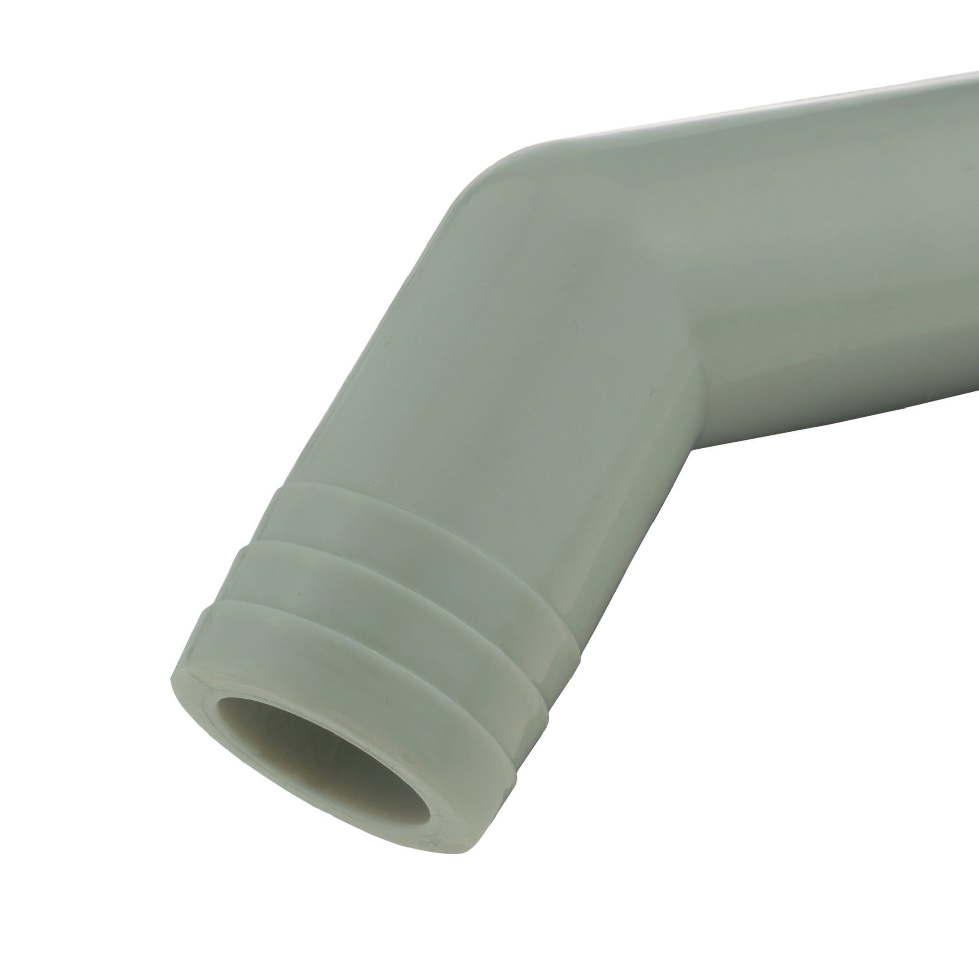 IBC 45° outlet kit 32mm, close-up of grey 45° elbow and ribbed end