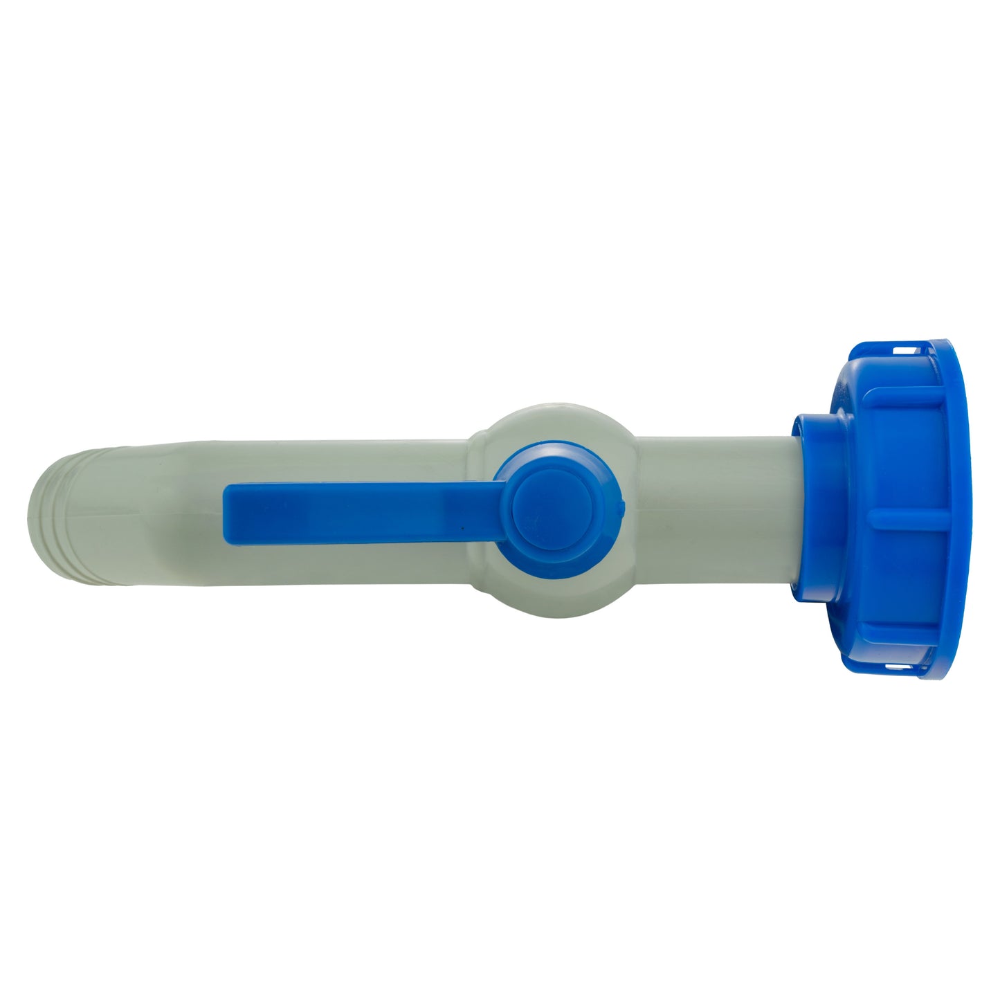 IBC 45° outlet kit 32mm, side view: blue lever handle and grey outlet connector