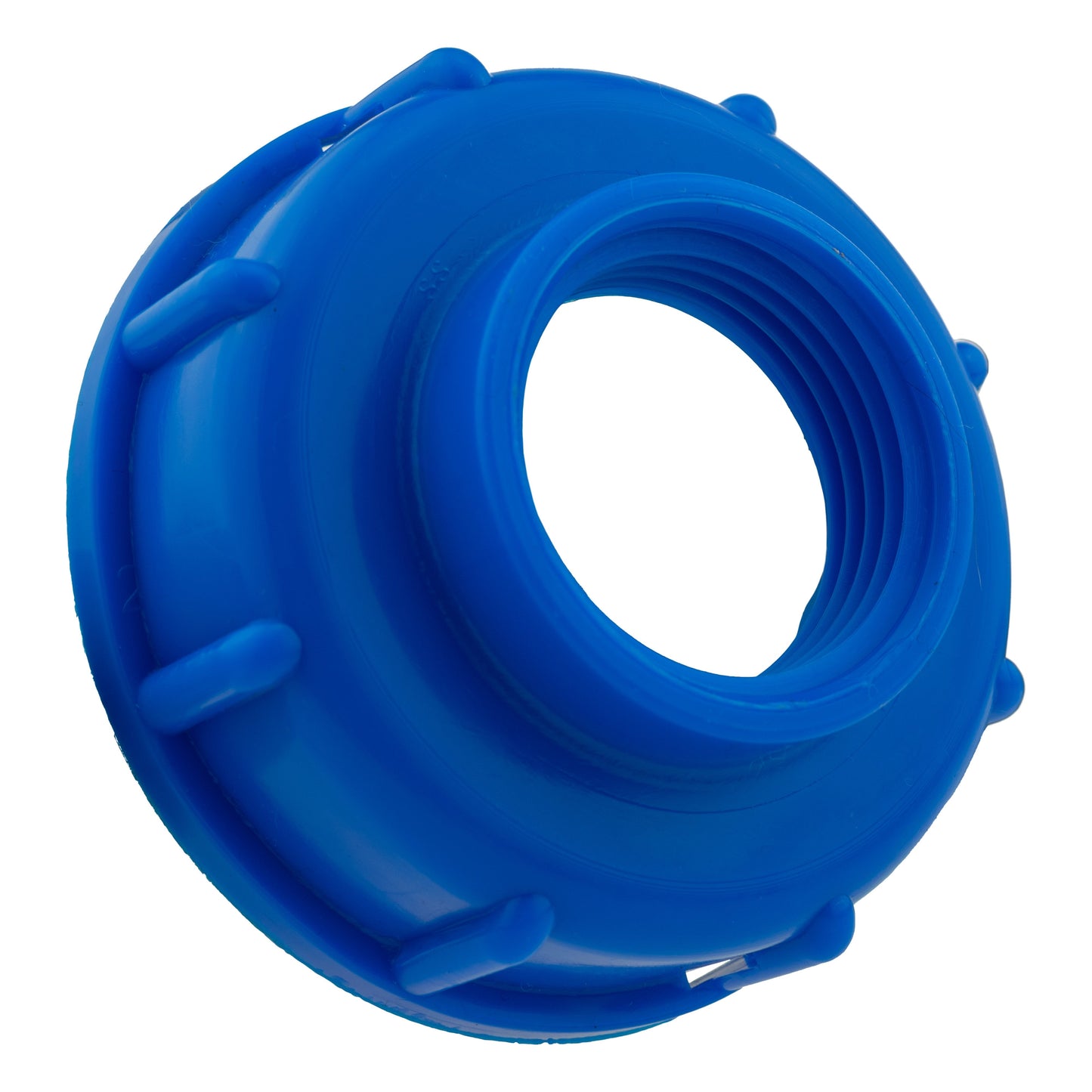 Blue 45° outlet fitting (32mm) with ridged inner opening and mounting tabs