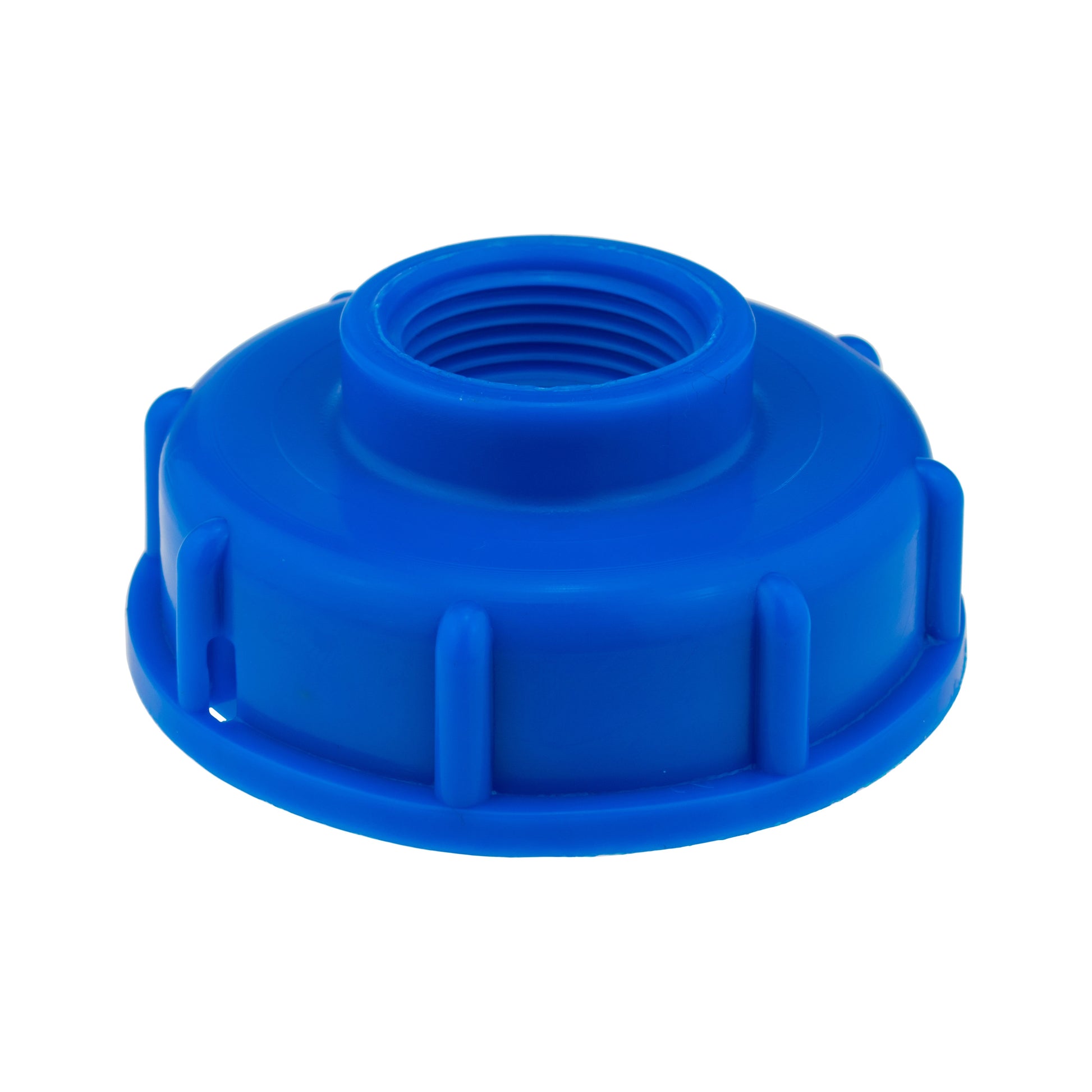 Blue IBC 32mm outlet kit base with internal screw threads and raised ring