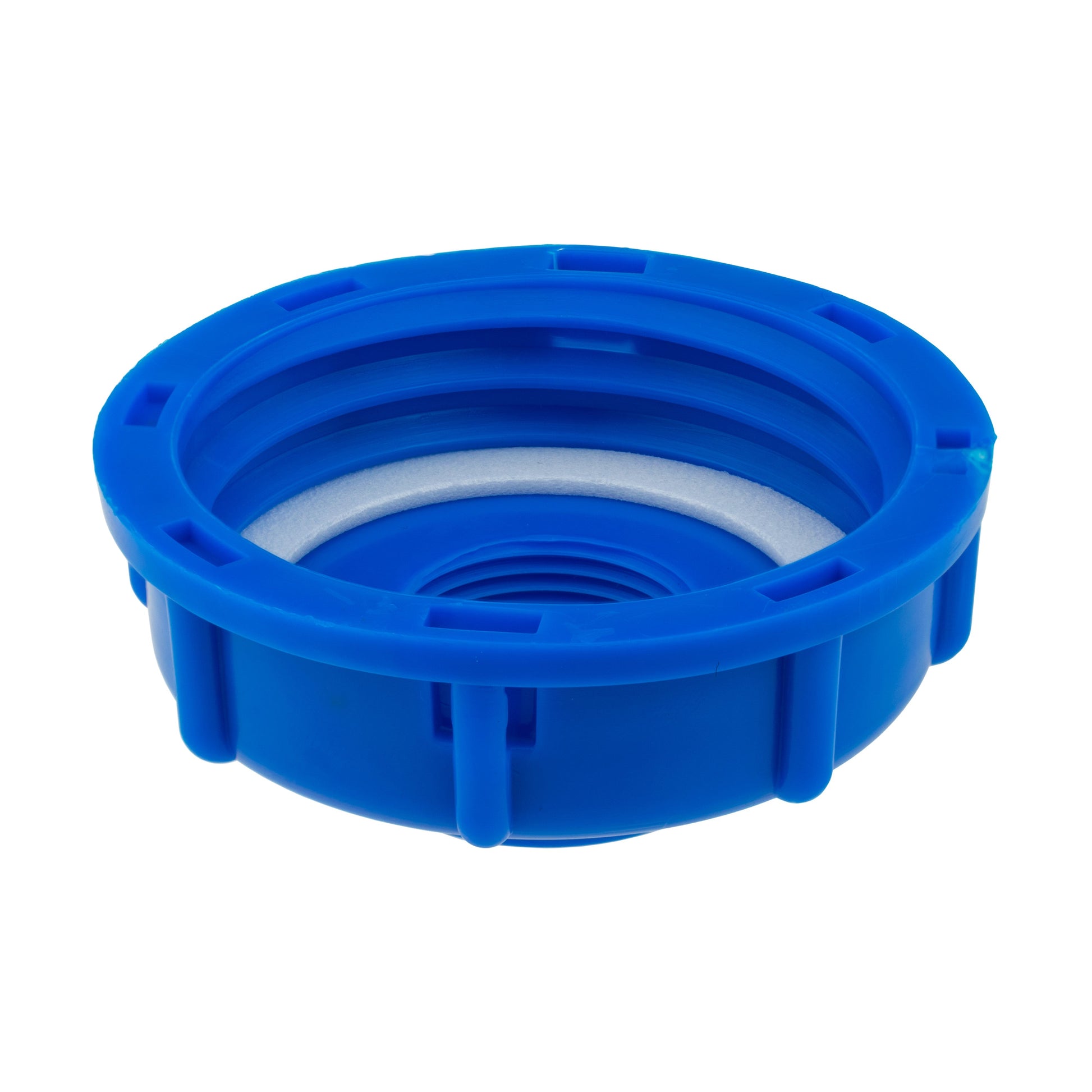 Blue 32mm outlet kit end view with snap tabs and recessed threaded opening