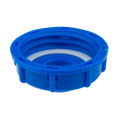 Blue 32mm outlet kit end view with snap tabs and recessed threaded opening