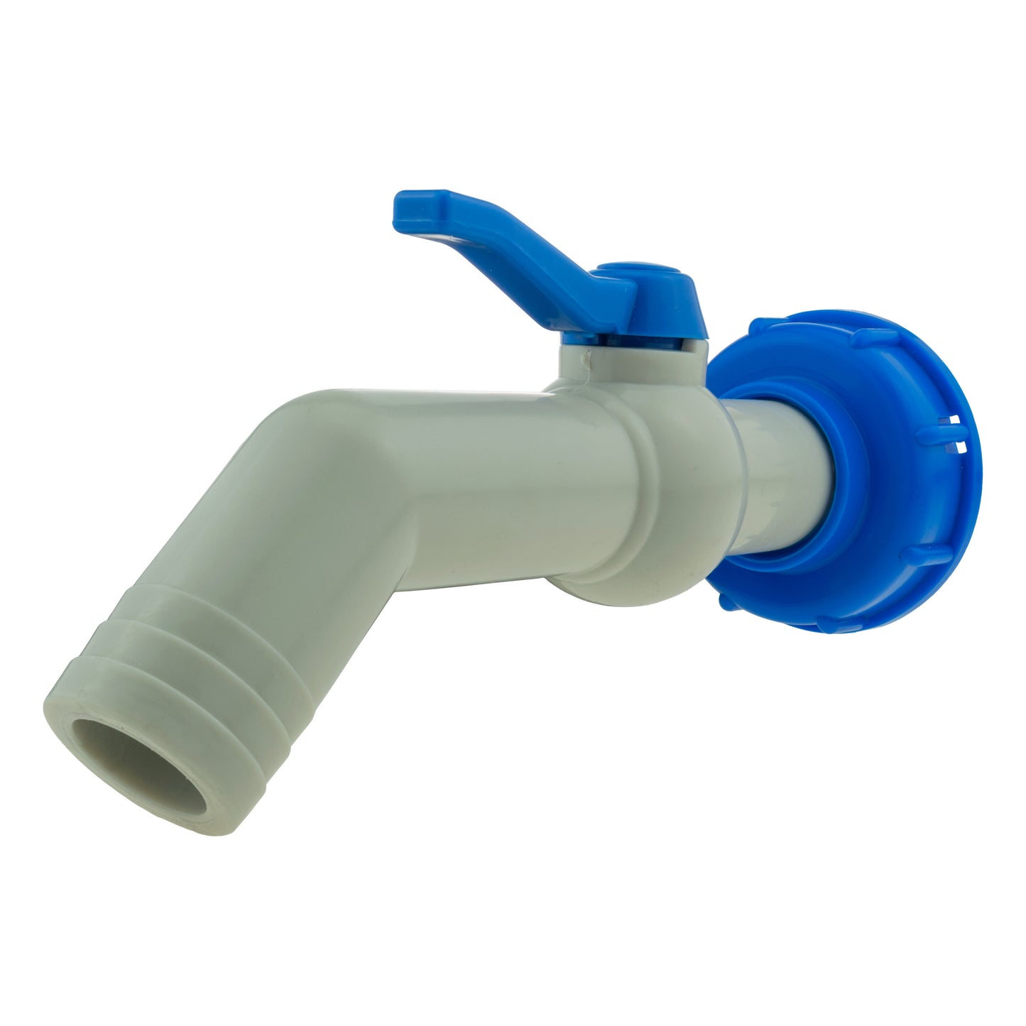 IBC 45° outlet kit 32mm, blue lever on grey elbow pipe with blue outlet end
