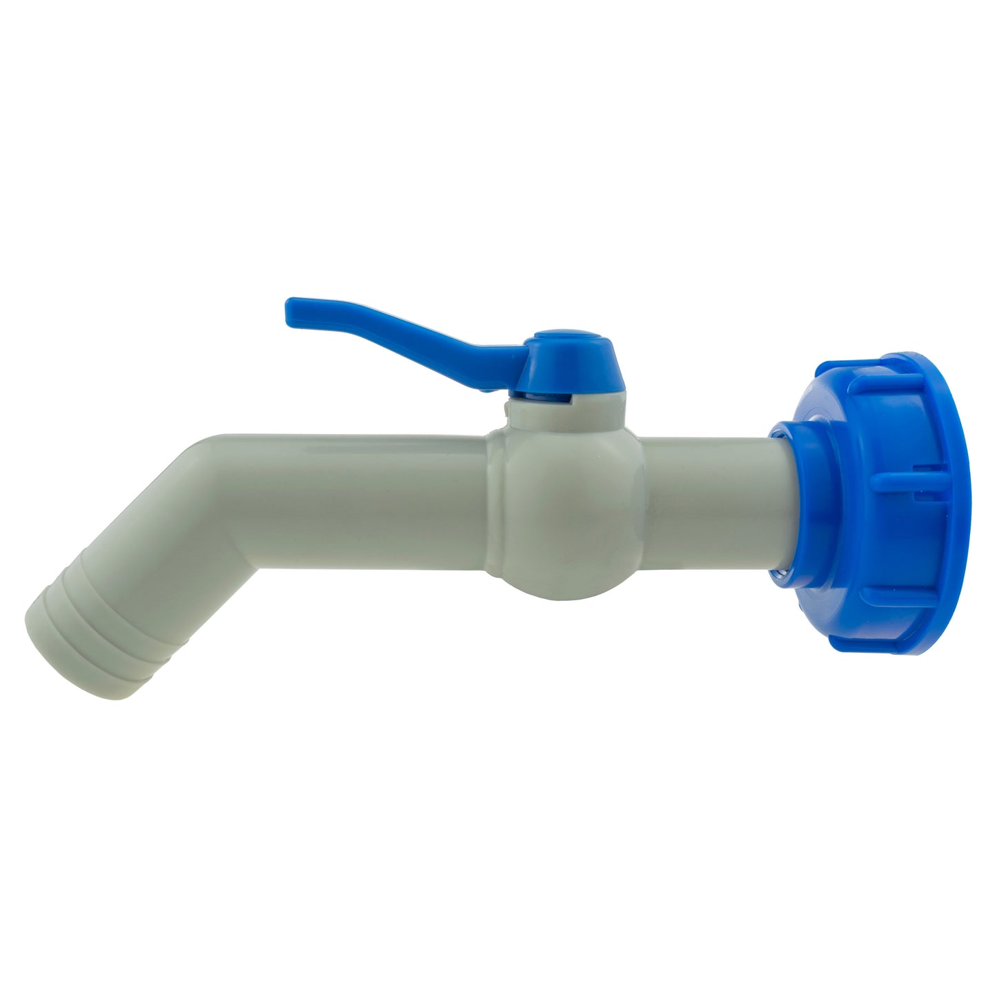 IBC 45° outlet kit 32mm, blue lever shutoff valve on grey 45° pipe