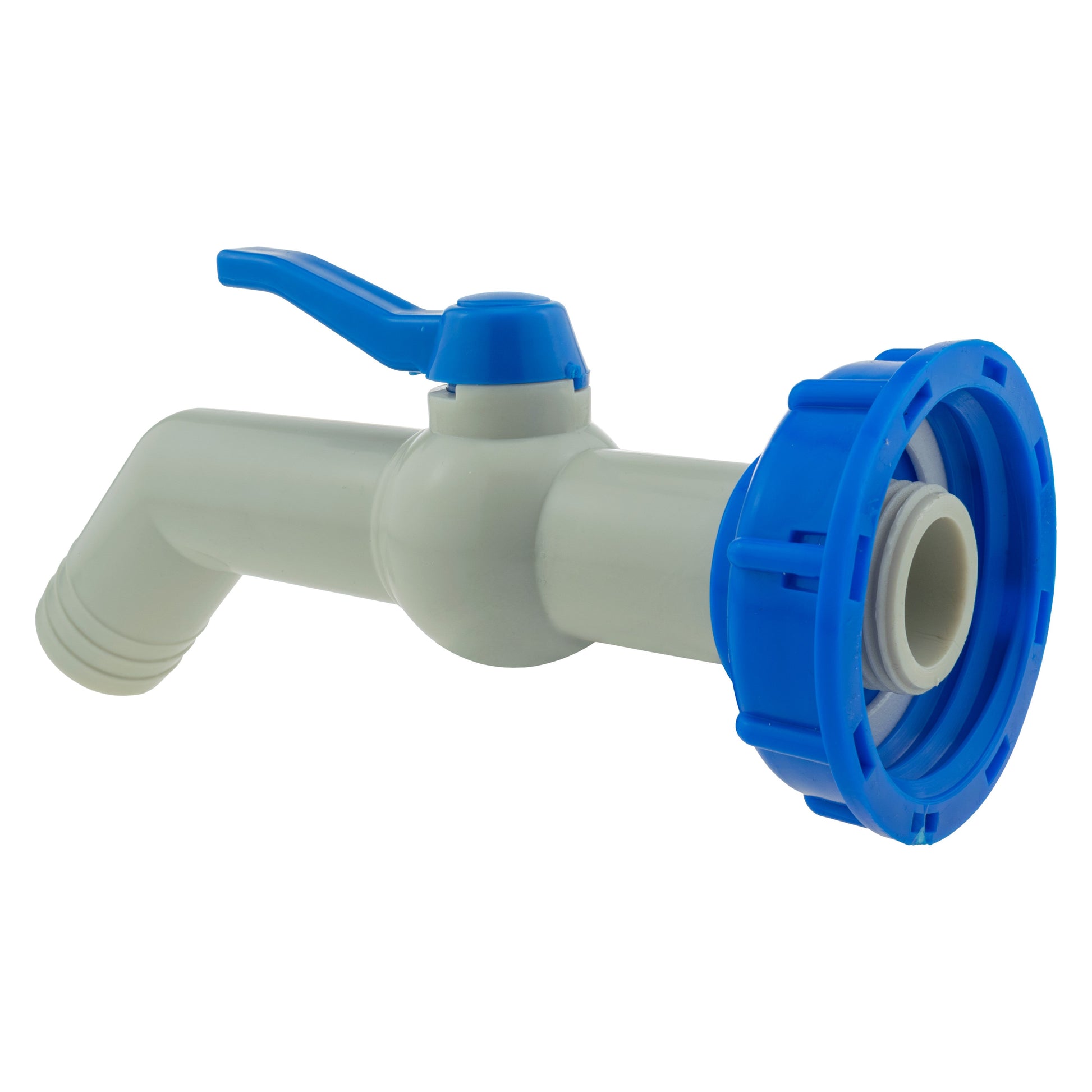 IBC 45° outlet kit 32mm, close-up of blue outlet cap and grey valve body