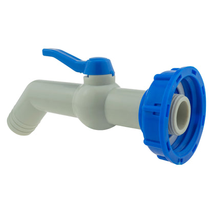 IBC 45° outlet kit 32mm, close-up of blue outlet cap and grey valve body