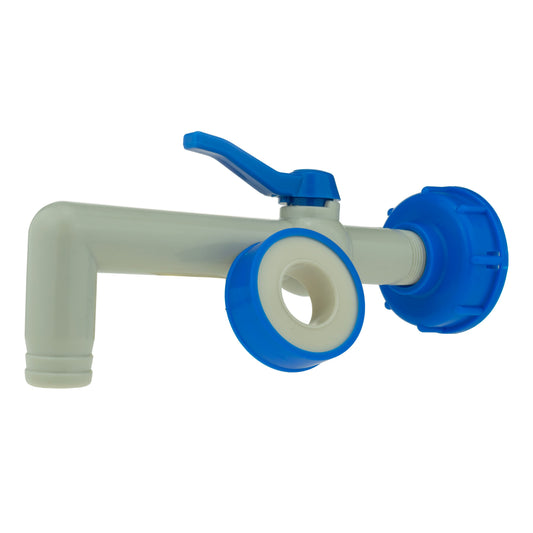 PP 90° tap with blue handle: 1" BSPM inlet, 32mm barbed outlet