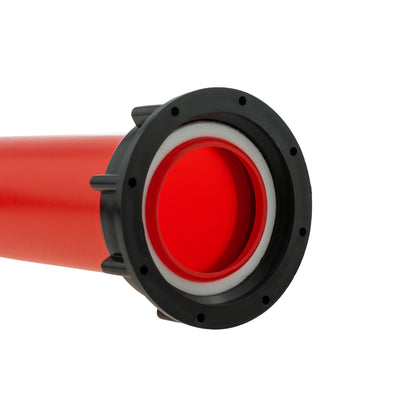 Red IBC 2 in angle flange end with black seal ring and central opening