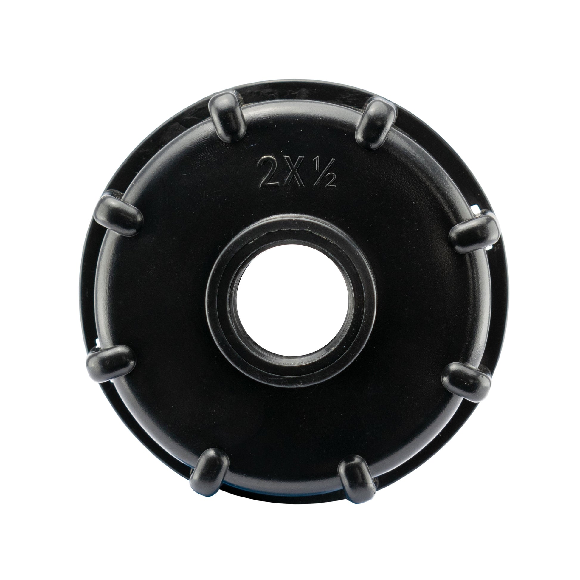 IBC tank end cap with central opening and 1/2" BSPF marking
