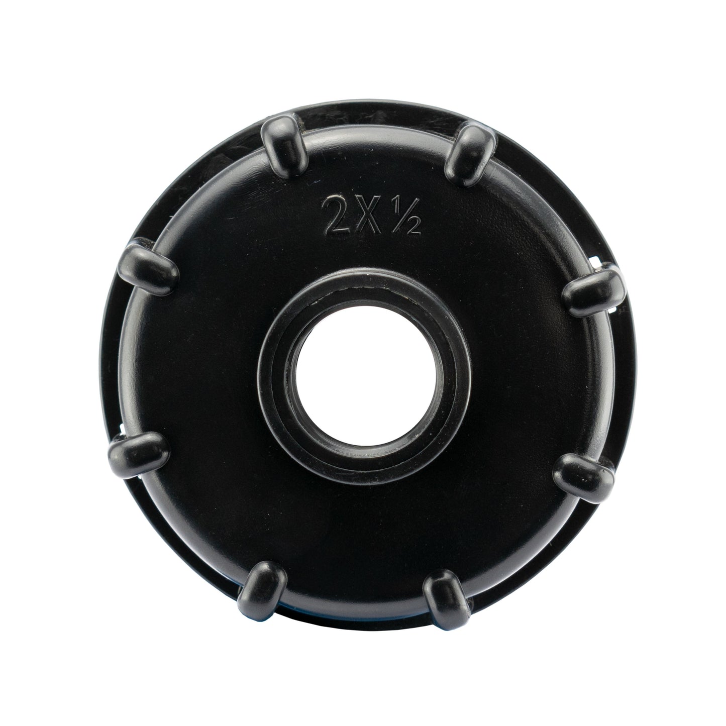 Black IBC cap face with central hole and 2x 1/2 marking