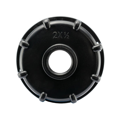 Black IBC cap face with central hole and 2x 1/2 marking