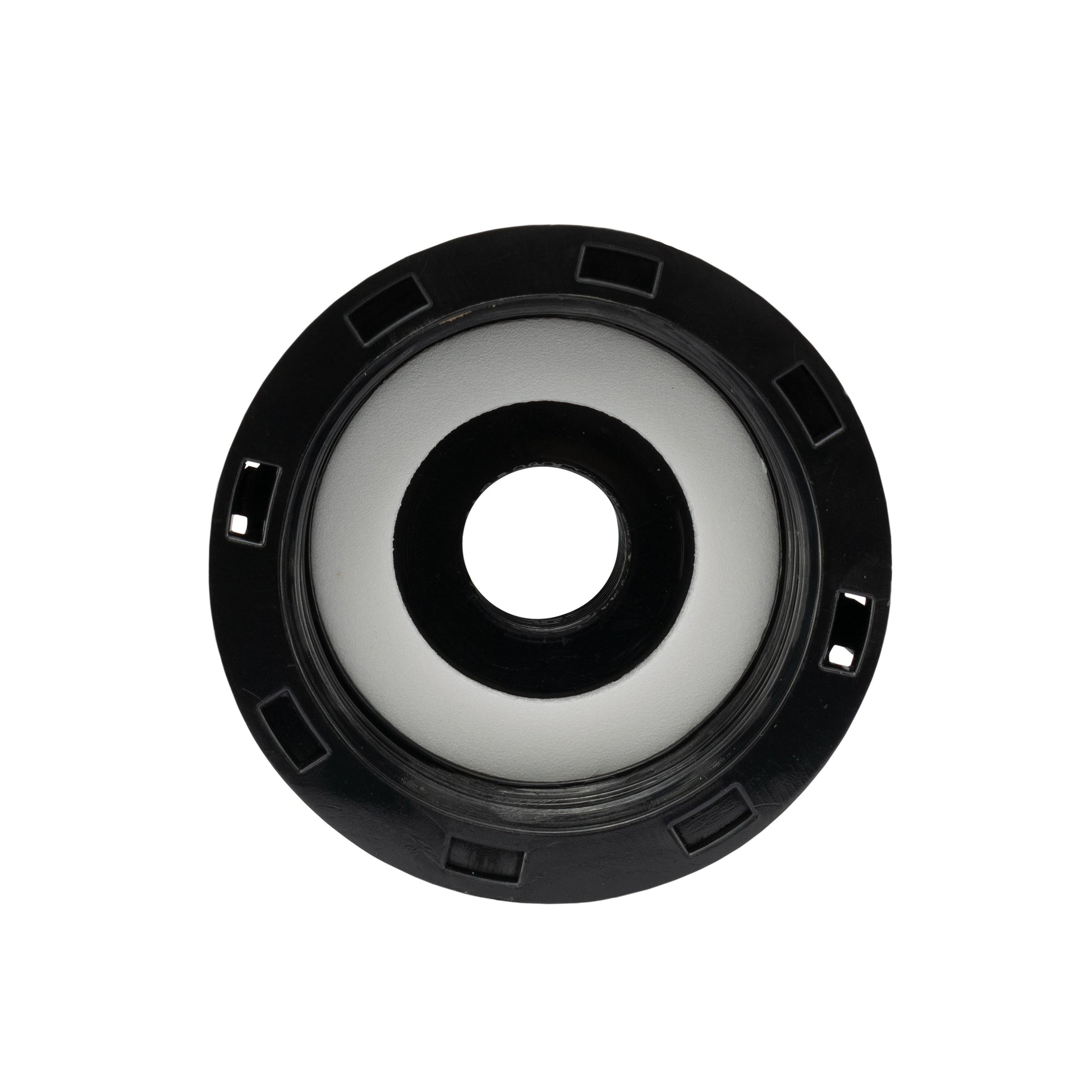 Black plastic IBC tank bung-style adapter with central threaded opening