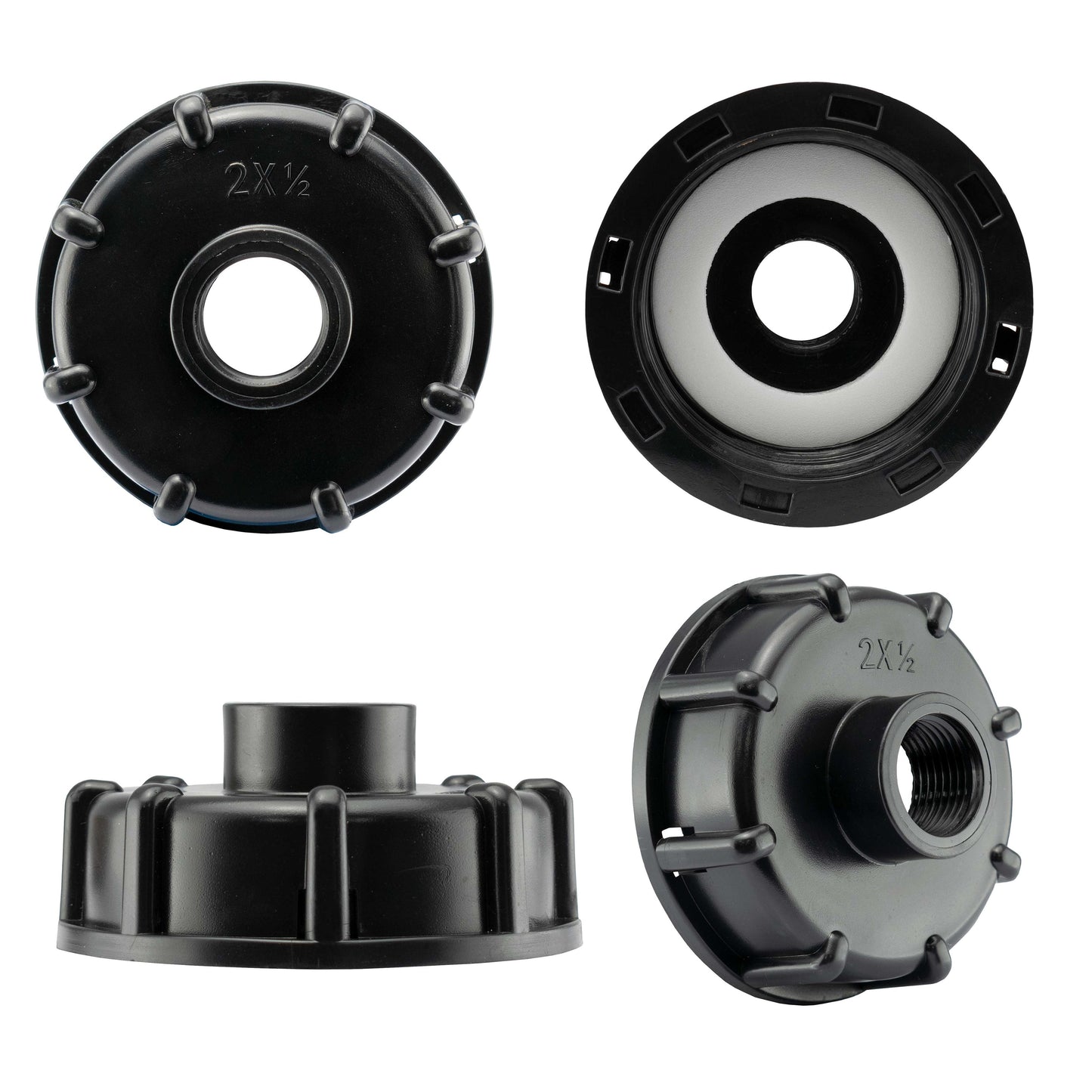 IBC tank end cap views showing central port and mounting lugs
