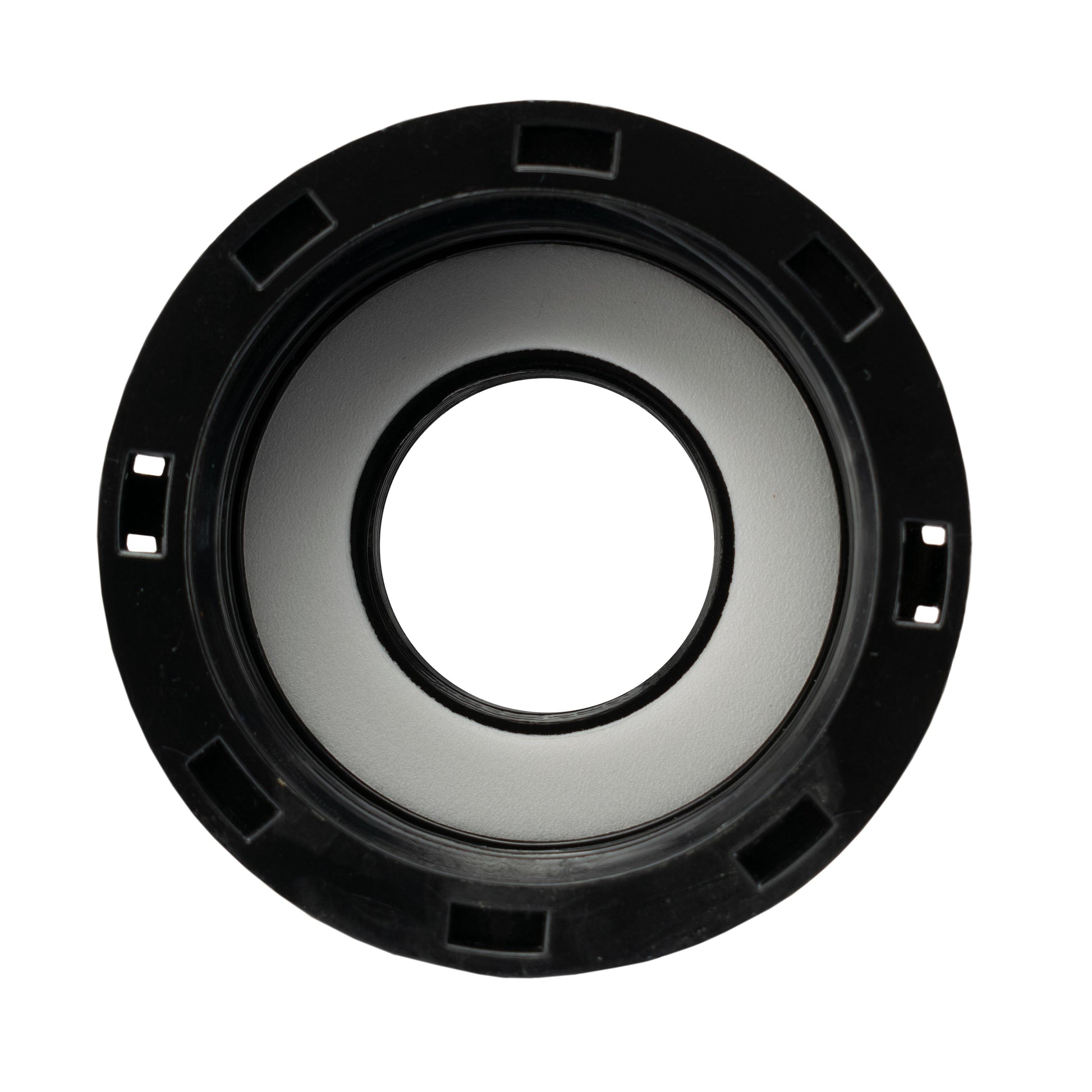 Black IBC cap base with inner ring and circular opening
