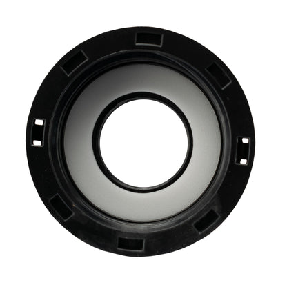 Black IBC cap base with inner ring and circular opening
