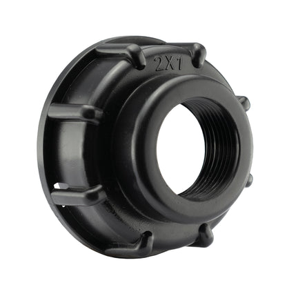 Black IBC end cap with built-in 1" BSPF thread, molded 2X1 marking