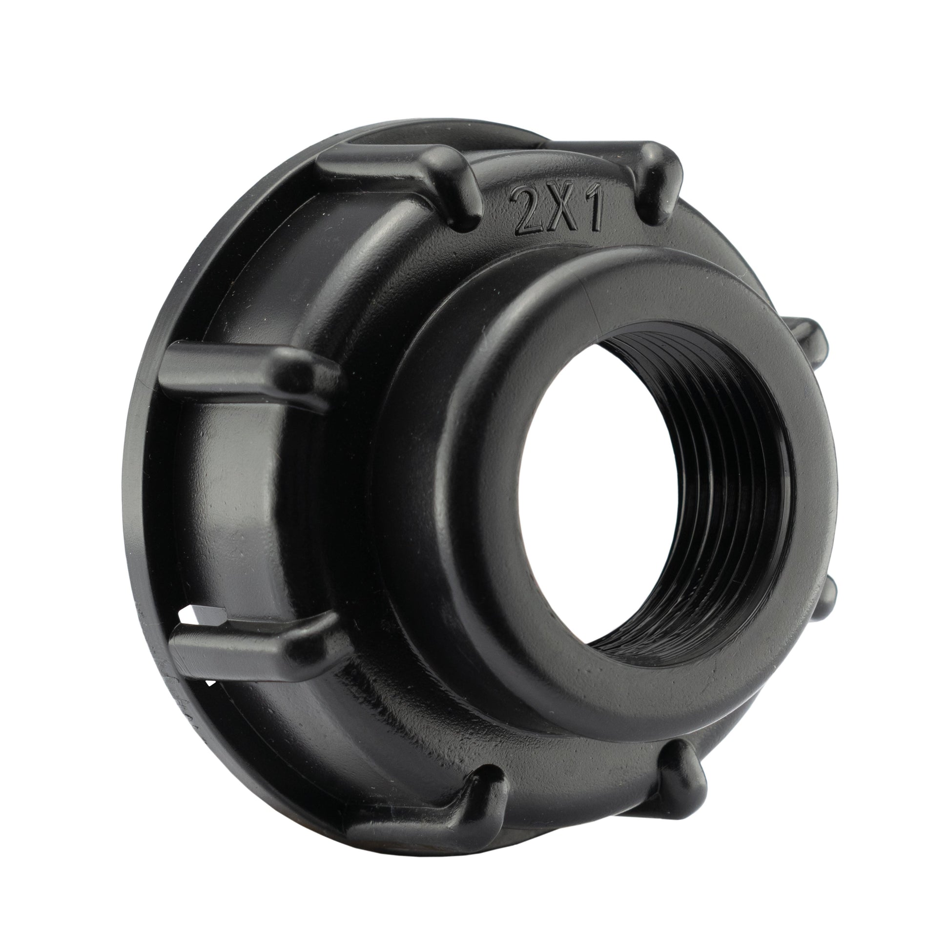 IBC cap marked “2x1” with internal threads, dark plastic fitting