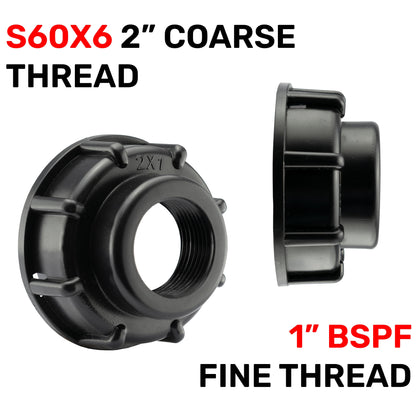 IBC end cap with 1" BSPF and S60x6 coarse or fine thread labels