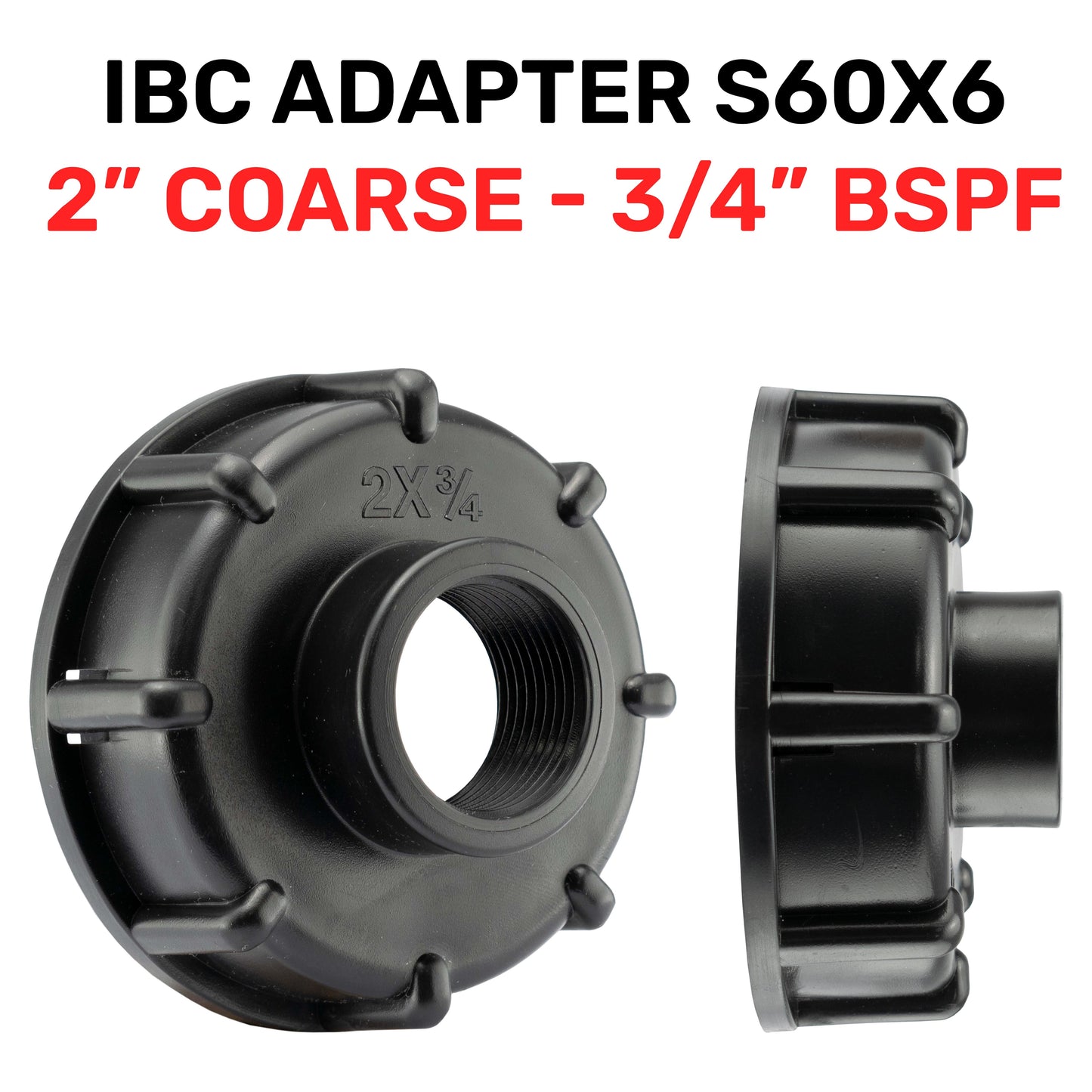 IBC end cap adapter side view with built-in 3/4" BSPF thread opening, black