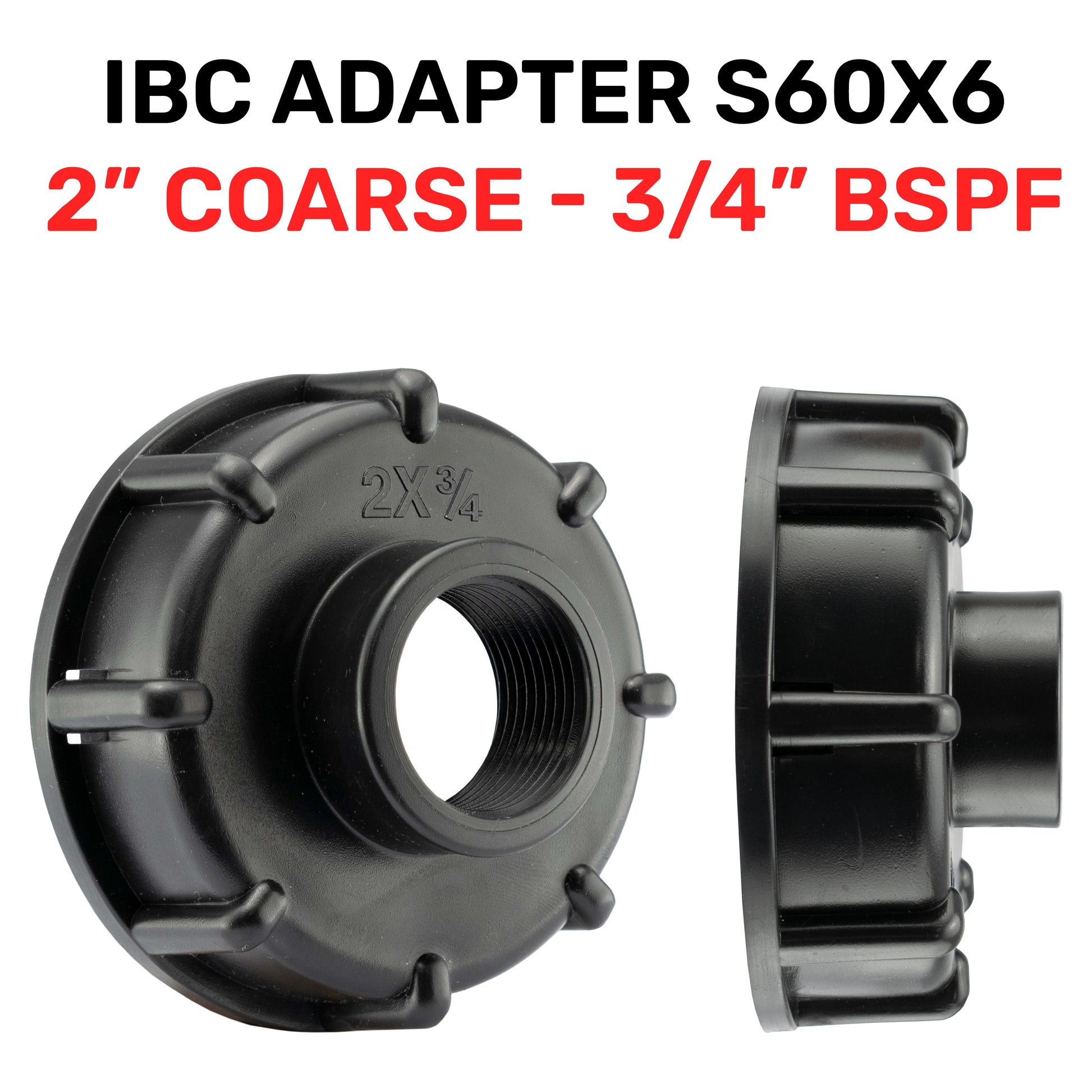 IBC end cap adapter side view with built-in 3/4" BSPF thread opening, black