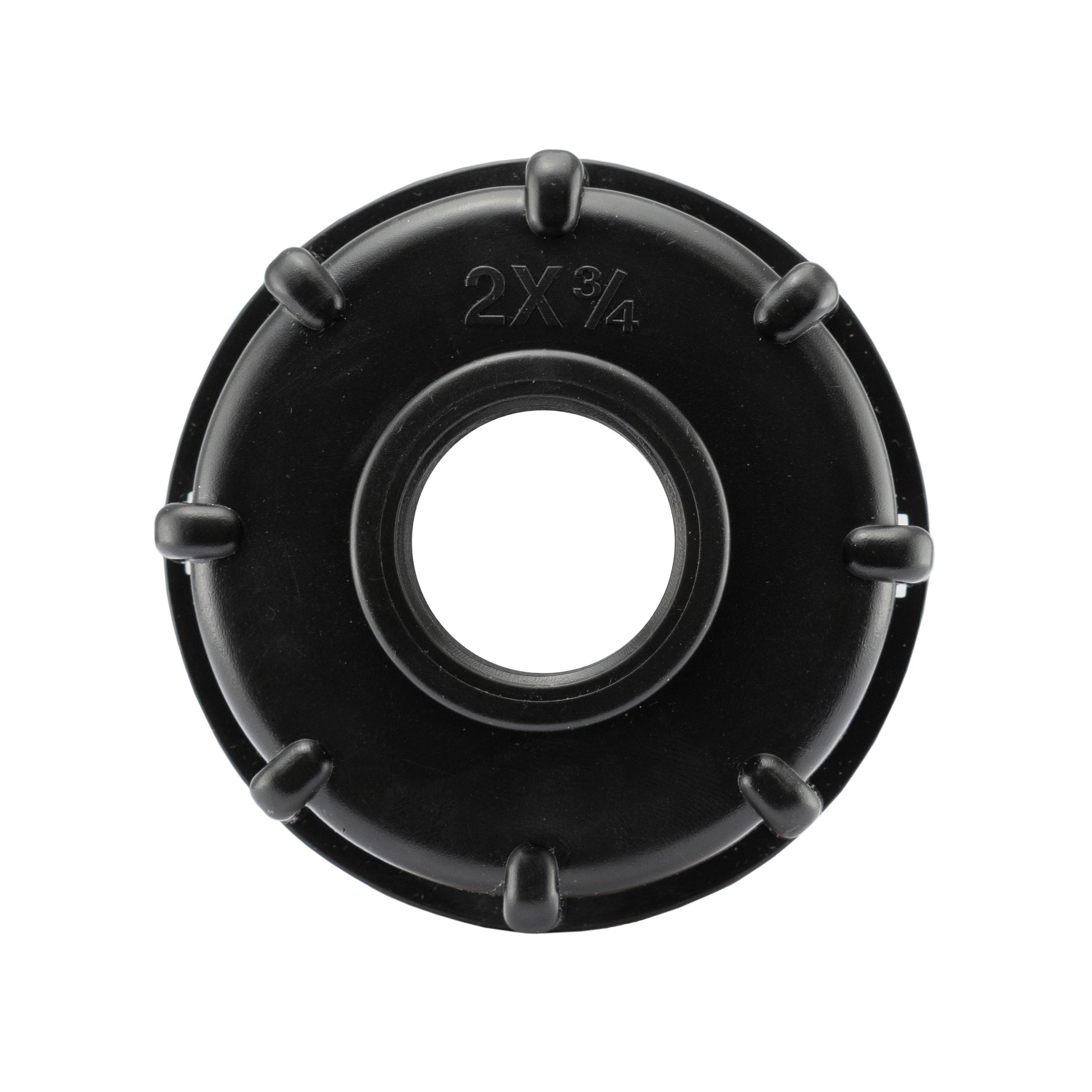 IBC cap front with markings “2X 3/4” and four raised tabs
