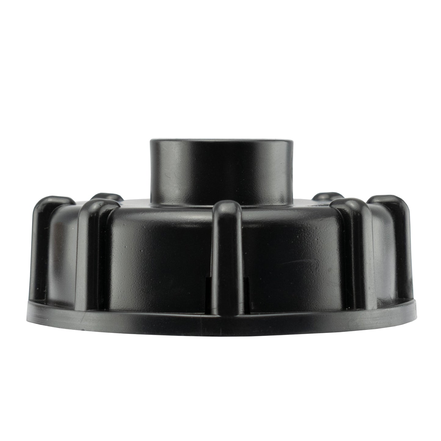Black IBC cap end of the 2 inch connector with raised central metal insert