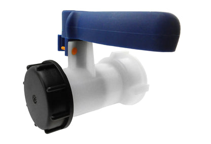 Blue lever on white IBC connector with black camlock end cap