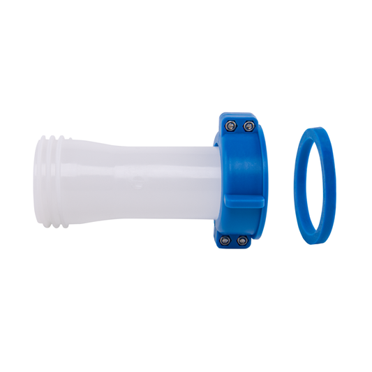 IBC S60x6 Male to Female extender swivel with blue coupling and white inlet