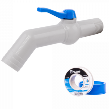 PP 45° tap connector with 1" BSP inlet and blue PTFE tape roll